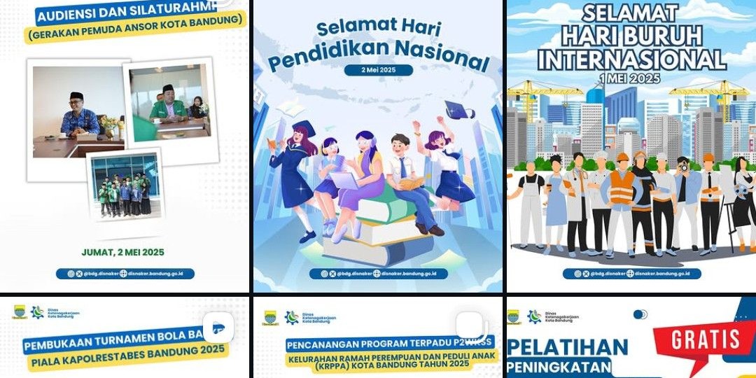 Grid of Instagram posts and infographics produced for the Bandung Manpower Department's official account